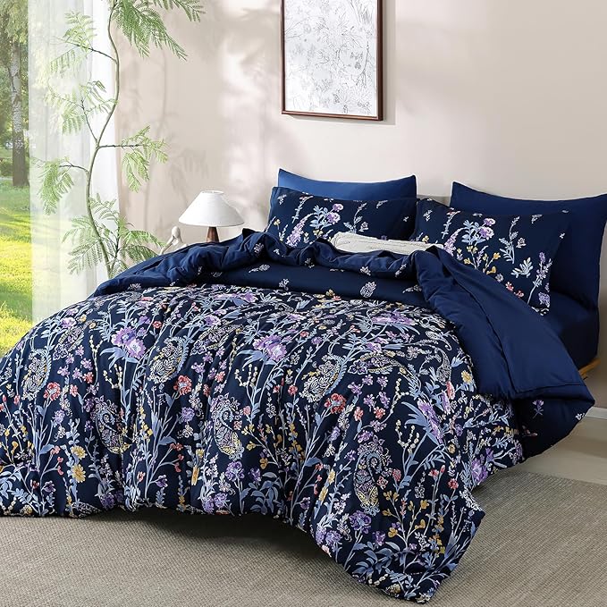 Yiran Navy Floral Comforter Set King Size, 7 Piece Blue Botanical Flowers Comforter Bedding Set, Bed in a Bag King, Soft Microfiber Complete Bedding Set with Sheets for All Season