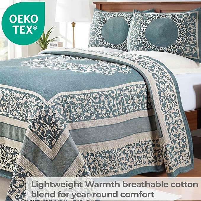 Superior Cotton Blend Bedspread Set, Includes Oversized Bedspread and 2 Matching Pillow Shams, Light Weight Blanket, Jacquard Vintage Floral Mandala, Lyron Collection - Queen, Cerulean Blue