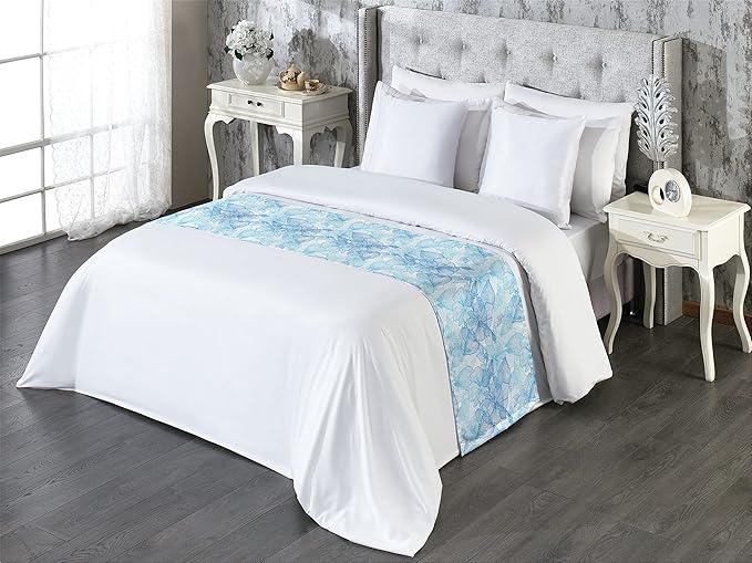 Lunarable Blue and White Bed Runner, Hibiscus Flowers Tropical Foliage Hand Drawn Monotone Design, Decorative Accent Bedding Scarf for Hotels Homes and Guestrooms, King, Cobalt Blue