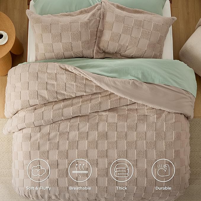 Bedsure King Size Comforter Set Khaki, Boho Tufted Bed Set, Checkered Farmhouse Shabby Chic Bedding, 3 Pieces, 1 Plaid Geometric Comforter and 2 Pillow Shams