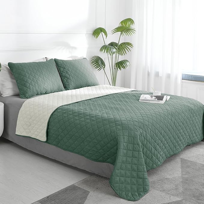 Easy-Going King Size Reversible Quilt Set with 1 Quilt and 2 Pillow Shams, Soft Bed Quilt Cover, Water Resistant Lightweight Microfiber Bedspread, Stain Resistant, Cyan/Ivory