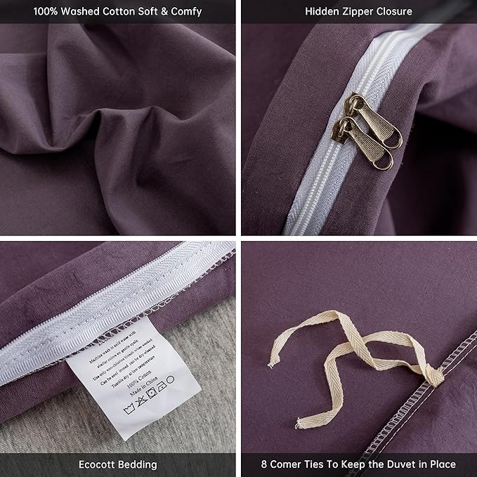 ECOCOTT Purple Duvet Cover Full Size - 100% Washed Cotton Durable Soft Comfy Duvet Cover Set, 3 Pieces Duvet Cover with Zipper Closure (Purple, 80''x90'')