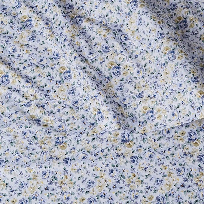 Amazon Basics Lightweight Breathable, Wrinkle Resistant Super Soft Brushed Microfiber 4-Piece Bed Sheet Set with 14-Inch Deep Pockets, Full, Blue Floral, Printed