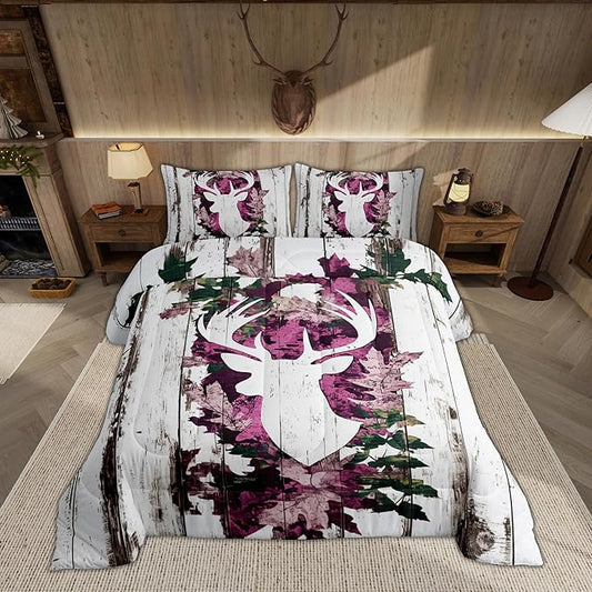Feelyou Kids Queen Size Pink Camo Deer Bedding Set - Boys Girls Deer Antlers Army Camouflage Comforter Western Duvet Insert with 2 Pillow Case