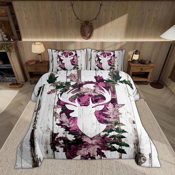 Feelyou Deer Hunting Comforter Kids King Size Pink Camo Deer Bedding Set Boys Girls Deer Antlers Army Camouflage Comforter Western Duvet Insert with 2 Pillow Case