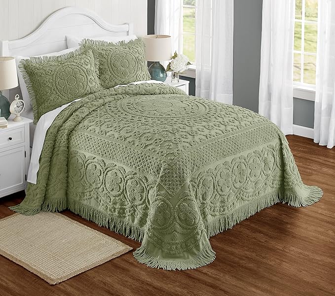 Montgomery Ward Emily Floral Chenille Bedspread, Soft Cotton Comforter, Full Size Quilt in Sage - Luxury Hotel Bedding, Full Bedspread (Sage, Full)