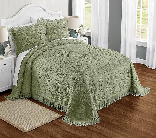Montgomery Ward Emily Floral Chenille Bedspread, Soft Cotton Comforter, Full Size Quilt in Sage - Luxury Hotel Bedding, Full Bedspread (Sage, Full)