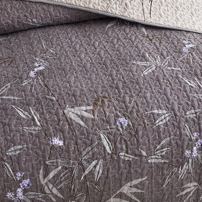 Flysheep Quilt Set 3 Pieces Full/Queen Size, Black Leaves Botanical Design Reversible Bedspread Coverlet Set, Soft Microfiber Lightweight Bed Cover for All Season (90" x 90", 1 Quilt+ 2 Pillow Shams)