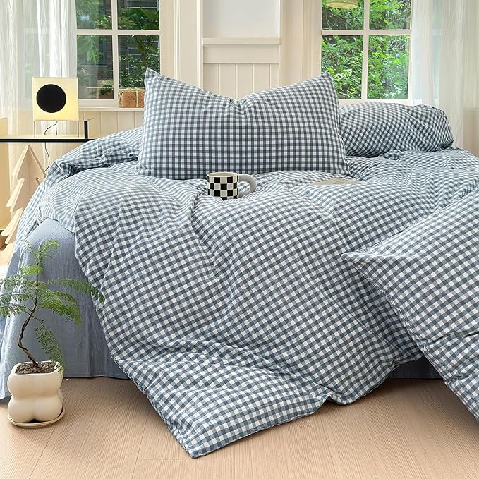 Gingham Duvet Cover King 100% Washed Cotton Blue Plaid Duvet Cover 3 Pieces Boho Grid Comforter Cover with 2 Pillowcases Luxury Soft Gingham Bedding Set Buffalo Grid Duvet Cover King Size