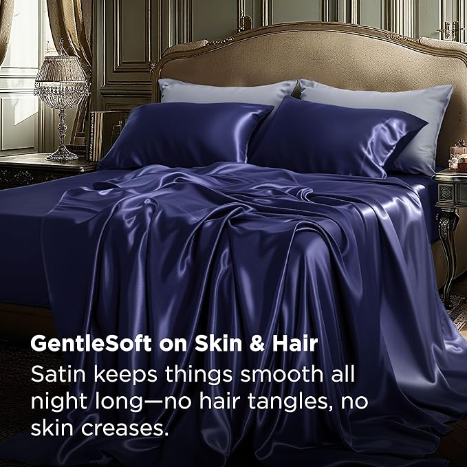 Bedsure Satin Sheets King Size - 4 Piece Silky Bedsheets with Elastic Corner Straps and 15 Inches Deep Pocket Fitted Bedsheet,1 Flat Sheet, 2 Satin Pillowcases, Good for Hair & Skin (King, Navy)