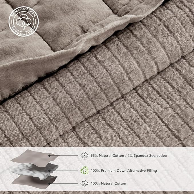 EVERGRACEHOME Stonewashed Cotton Quilt Set King Size, Ultra Soft Oversized Bedspread Coverlet Set, Lightweight Crinkle Box Stitch Bedding Sets for All Season, with 2 Shams, Truffle Taupe Brown