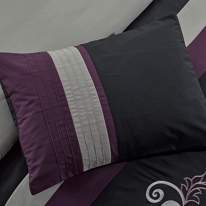 Chezmoi Collection Napa 7-Piece Luxury Leaves Scroll Embroidery Bedding Comforter Set (California King, Purple/Black/Gray)