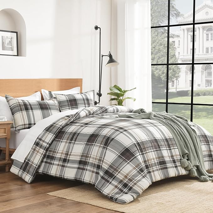 Andency Gray Brown Black Plaid Comforter Set Twin(66x90 Inch), 2 Pieces Grid Gingham Stripes Bedding Comforter Sets for Boys Girls Kids Teens, Preppy Geometric Line Soft Lightweight Reversible Bed Set