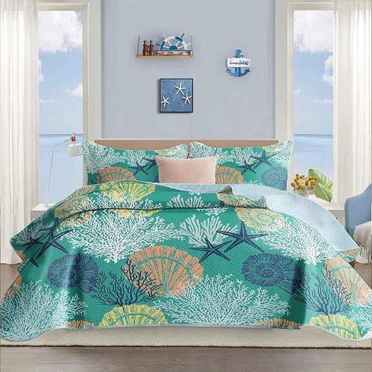 Tritard 3 Piece Coastal Quilt Sets King Size - Reversible Microfiber Quilts with 2 Shams Soft Lightweight Beach Bedding Nautical Bedspread Coverlet Summer Comforter Set for All Season, 106''x96'', C3