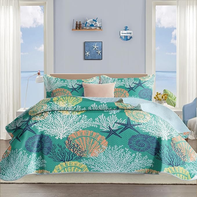 Tritard 3 Piece Coastal Quilt Sets Full/Queen Size - Reversible Microfiber Quilts with 2 Shams Soft Lightweight Beach Bedding Nautical Bedspread Coverlet Summer Comforter for All Season, 90''x96'', C3