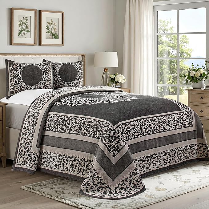 Superior Cotton Blend Bedspread Set, Includes Oversized Bedspread and 2 Matching Pillow Shams, Light Weight Blanket, Bedding Decor, Jacquard Vintage Floral Mandala, Lyron Collection - Full, Charcoal