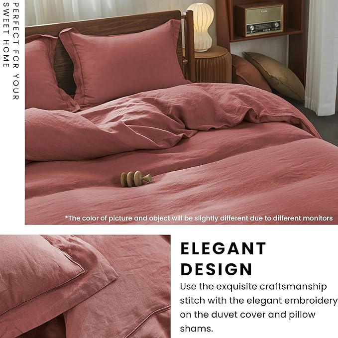 Simple&Opulence 100% Linen Duvet Cover Set with Embroidery Washed - 3 Pieces (1 Duvet Cover with 2 Pillow Shams) with Button Closure Soft Breathable Farmhouse - Coral Red, Queen Size