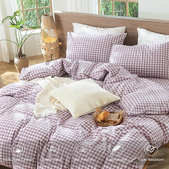 MooMee Gingham Duvet Cover Set 100% Washed Cotton Linen Like Textured Breathable Durable Soft Comfy Modern Checkered Design (Classic Gingham Light Purple, Full 80"x90")