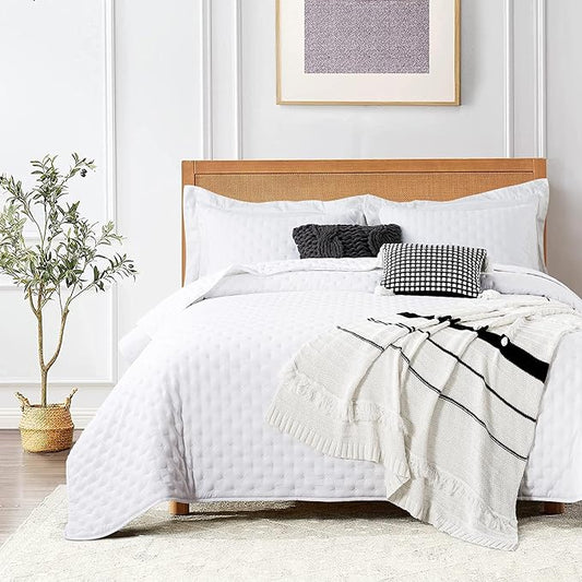 ROARINGWILD White Queen Size Quilt Bedding Sets with Pillow Shams, Lightweight Soft Bedspread Coverlet, Quilted Blanket Thin Comforter Bed Cover, All Season, 3 Pieces, 90x90 inches