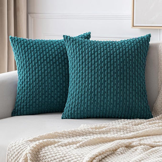 MIULEE Pack of 2 Decorative Throw Pillow Covers 16x16 Inch Soft Boho Striped Textured Corduroy Pillow Covers Modern Farmhouse Home Decor for Couch Bed Sofa Living Room Teal Blue
