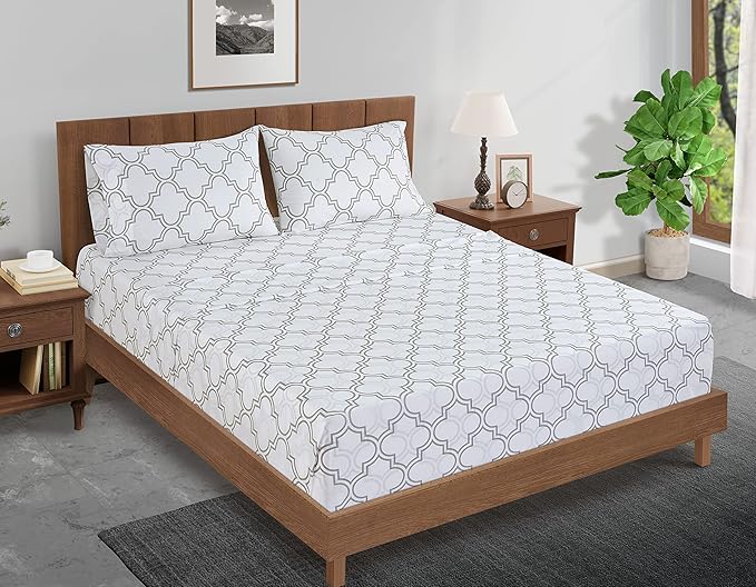 Lane Linen 100% Organic Cotton Twin Fitted Sheet, 2-Piece Set (1 Fitted Sheet, 1 Pillowcase), Percale Weave, Lightweight, Soft, Breathable, Fits Mattress Upto 15' Deep - Trellis Silver (No Flat Sheet)