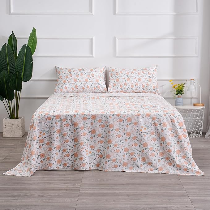 Spring Floral Printed Sheet Set Full Size, 4 Piece Soft Botanical Microfiber Sheets and Pillowcases - Deep Pocket, Wrinkle Free and Soft Bed Sheets Set Bedding Decor