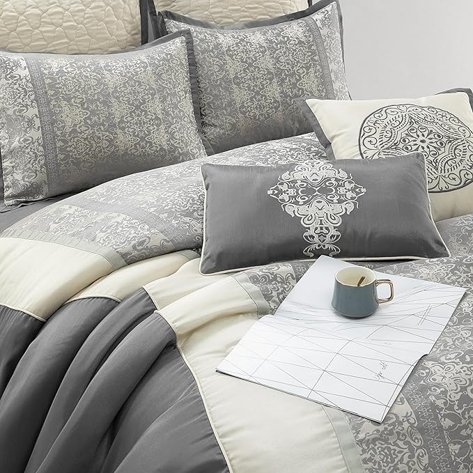 Grand Avenue Silver/Ivory Damask Patchwork Comforters Queen Size Set, 8 Piece, Jacquard Pillow Sham, Bedskirt, Decorative Pillow, All Season Bedding Set