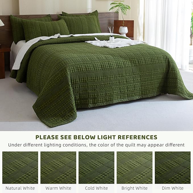 Sanracie Cotton Waffle Weave Quilt Set King Size(110"x98")-Olive Green Quilted Bedspread Sets,3Pcs Soft Boho King Quilt Bedding Set, Farmhouse Shabby Vintage Chic Bedding Quilt