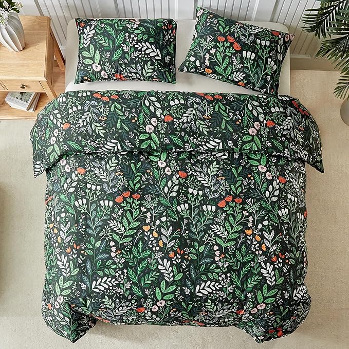 Lekesky Queen Size Reversible Duvet Cover, Duvet Cover Queen Size 3 Piece Romantic Garden Microfiber Botanical Bedding Set with Zipper Closure Corner Ties