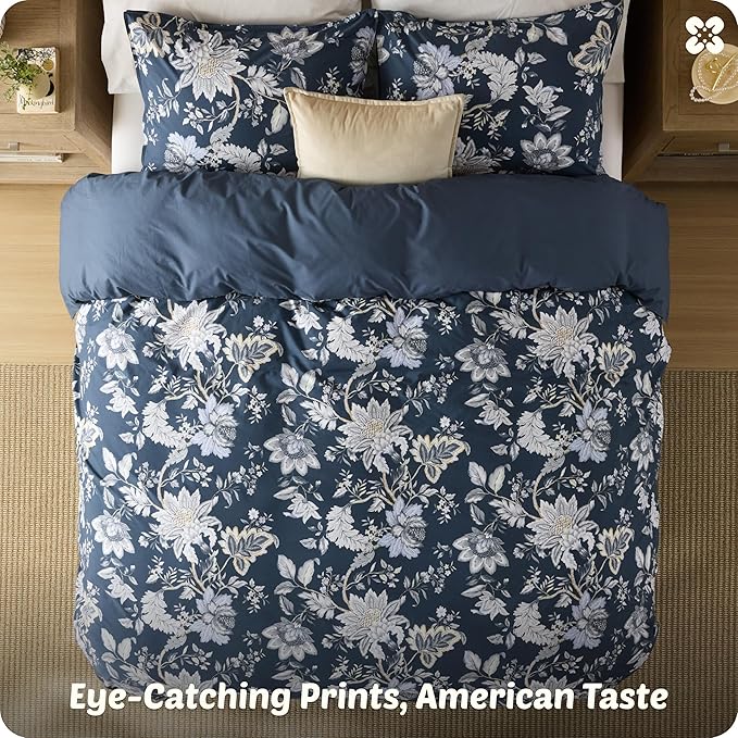 Bedsure 100% Cotton Reversible Duvet Cover Queen Size - Vintage Navy Floral Pattern Printed Comforter Cover with Zipper Closure & 2 Pillow Shams, Comforter Not Included (Vintage Navy Floral, 90"x90")