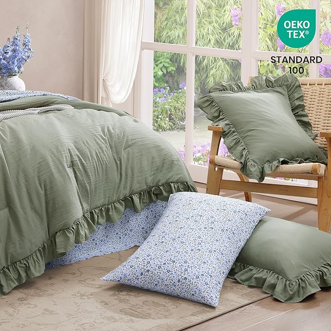 Oversized Queen Comforter Set - 7 Pieces Ruffle Sage Leaf Bedding Sets, Shabby Chic Farmhouse Bed in a Bag with Ruffle Comforter, Floral Sheets, Pillowcases & Shams