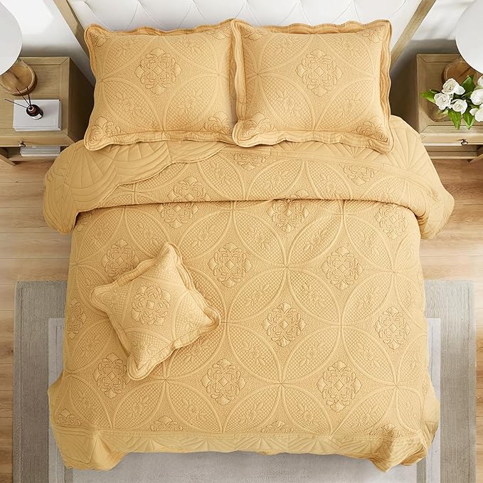 Oversized Bedspread - King Size Bedding Cover - Modern & Contemporary Coverlet Set, Real Stitching, Reversible, Lightweight, 5 Piece, Honey Gold