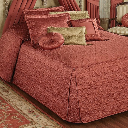 Cambridge Classic Luxury Bedding | Warm Cinnabar Solid Color Polyester Satin | Elaborate Damask Quilting | 6 Pc Set Includes Oversized California King Bedspread, 2 King Shams, & 3 Decorative Pillows