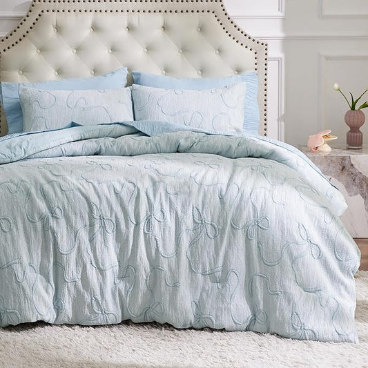 Bedsure Queen Comforter Set, GentleSoft™ 3 Pieces Bow Cute Bedding Blue Room Decor Aesthetic, Queen Bedding Sets Gifts for Her Women, 1 Bed Blue Comforter, 2 Pillow Shams, 90x90 Inches