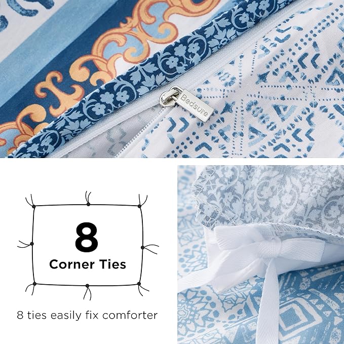 Bedsure Duvet Cover Queen Size - 100% Cotton Reversible Floral Queen Duvet Cover Set with Zipper Closure, 3 Pieces Soft & Breathable Bohemian Blue Bedding Set with 2 Pillow Shams 20"x26"