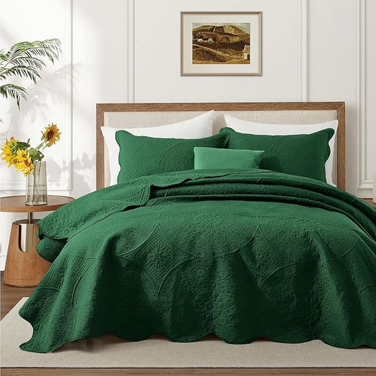 IR Imperial Rooms California King Quilt Bedding Set Size (118"x106") + 2 Pillow Shams (20" x 36"+ 2") - 3 Pcs All Season Reversible Microfiber Coverlet Embossed Floral Quilt Bedspread (Emerald)