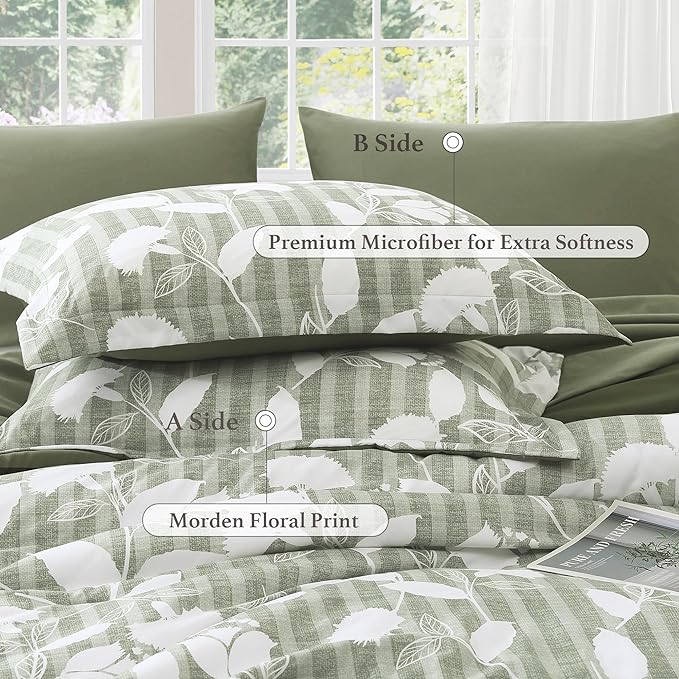 Twin XL Comforter Set -5 Pieces Floral Sage Green Bedding Set for All Seasons, Bed in a Bag with Botanical Flowers Comforter, Sheets, Pillowcase & Sham