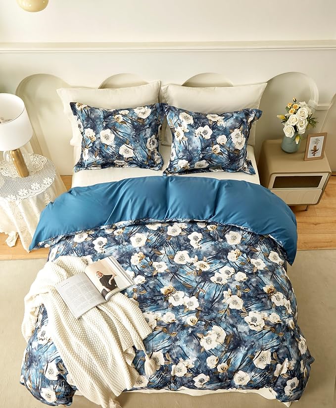 Cupocupa Duvet Cover Queen Size Set Boho Floral Pattern Queen Duvet Cover Set for Queen Size Bed Vintage Soft Bedding Leaf Print Duvet Cover with Pillowcases