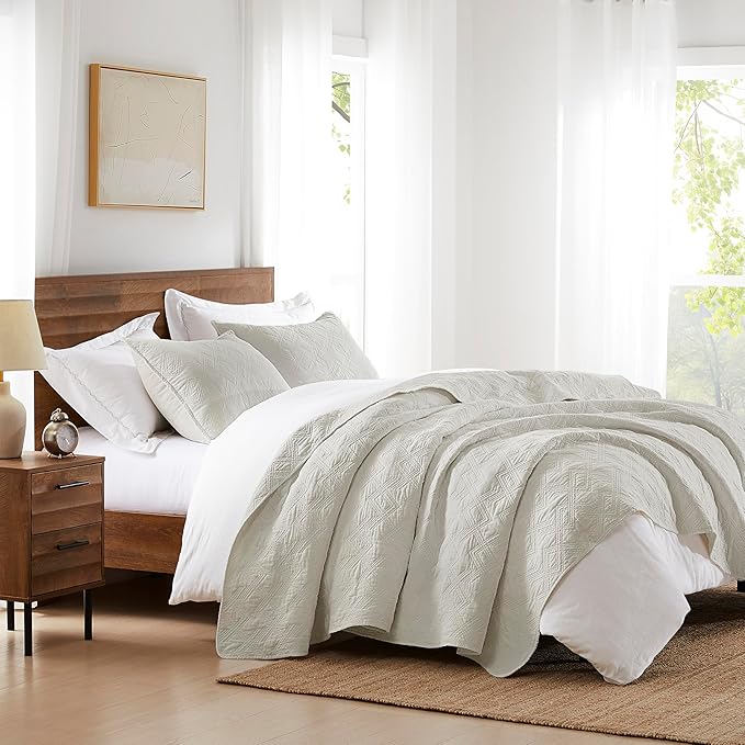 WDCOZY 100% Cotton Queen Size Quilt Set - Beige Pre-Washed Soft Lightweight Modern Bedspread, Farmhouse Country Rustic Coverlet, Textured Like Linen, Shabby Chic Gauze Bedding, 3 Pieces