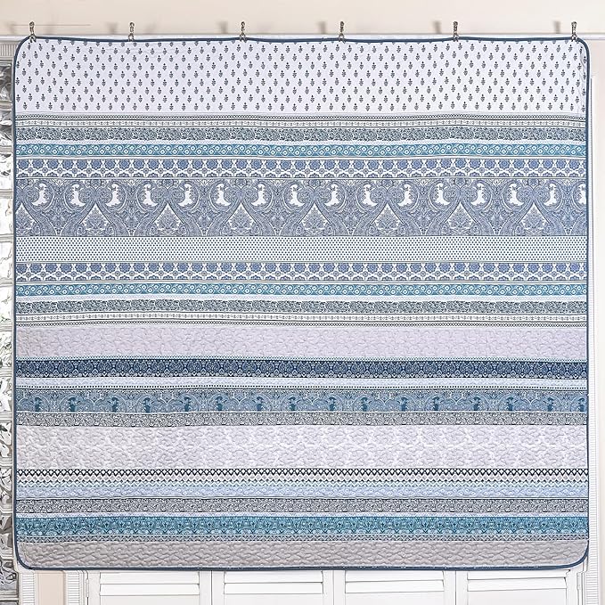 WONGS BEDDING Boho Quilt Set Full Size, Blue Bohemian 3 Pieces Quilt Sets, Lightweight Bedspread Coverlet Bedding Set for All Season (78"x90")