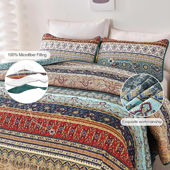 WONGS BEDDING Boho Quilt Set California King, Green and Brown Bohemian Striped Pattern Printed Quilt Coverlet, Lightweight Microfiber Bedspread for All Season 106"x96"(3 Pieces, Cal King)