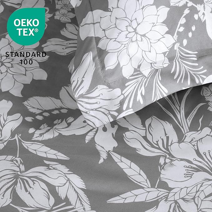Joiedomi Queen Comforter Set Grey, 3 Pieces Floral Queen Bedding Set with 1 Soft Reversible Botanical Flower Comforter and 2 Pillow Shams, Bed in a Bag for All Seasons