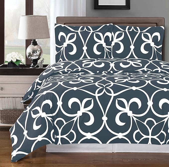 Royal Hotel Bedding Charcoal and White Victoria 4 Piece Full/Queen Comforter Set 100% Cotton 300 Thread Count