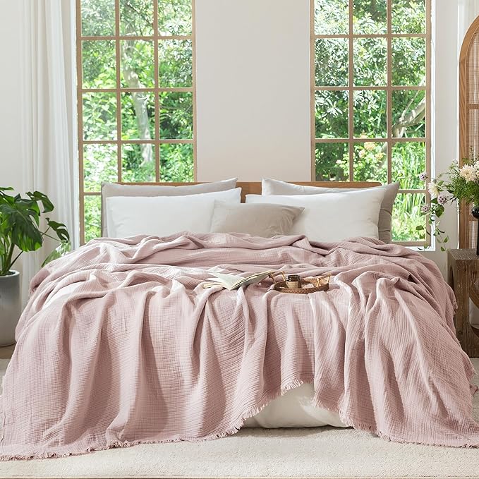 MooMee Muslin Blanket - 100% Cotton 4-Layer Gauze Throw Blanket with Tassels Ultra-Soft Breathable Lightweight Cooling for Bed Couch (Greyish Pink,Oversize Queen 98" x 98")