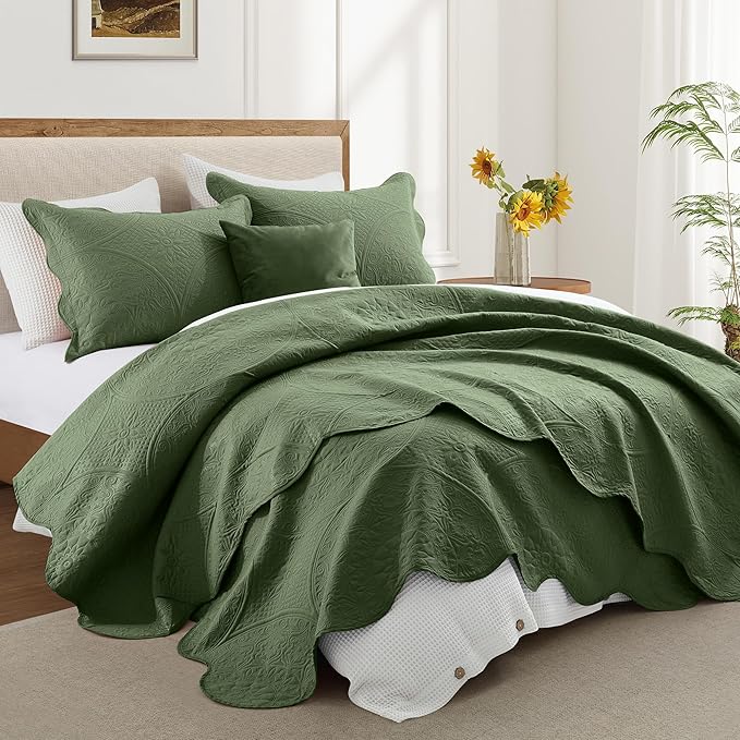 IR Imperial Rooms 8 Pack California King Quilt Bedding Set (118"x106") - Bulk Wholesale for Hotels, Guest Bedroom & Airbnbs - Microfiber Reversible Floral Embossed Quilts Bedspreads (Olive Green)