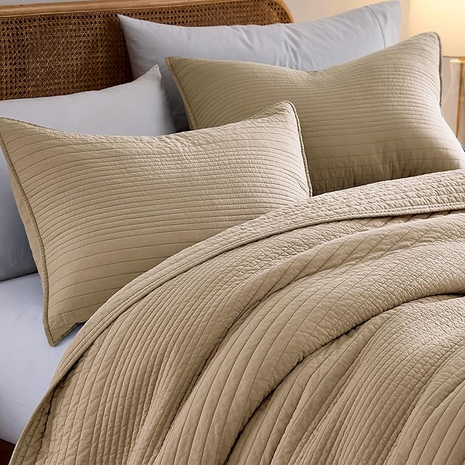 PALASSIO Striped Dark Beige 100% Cotton Quilt California Cal King Size Bedding Set, Oversized Lightweight Channel Pick Stitch Textured Bedspread Soft Farmhouse Country Coverlet for All Season, 2 Shams