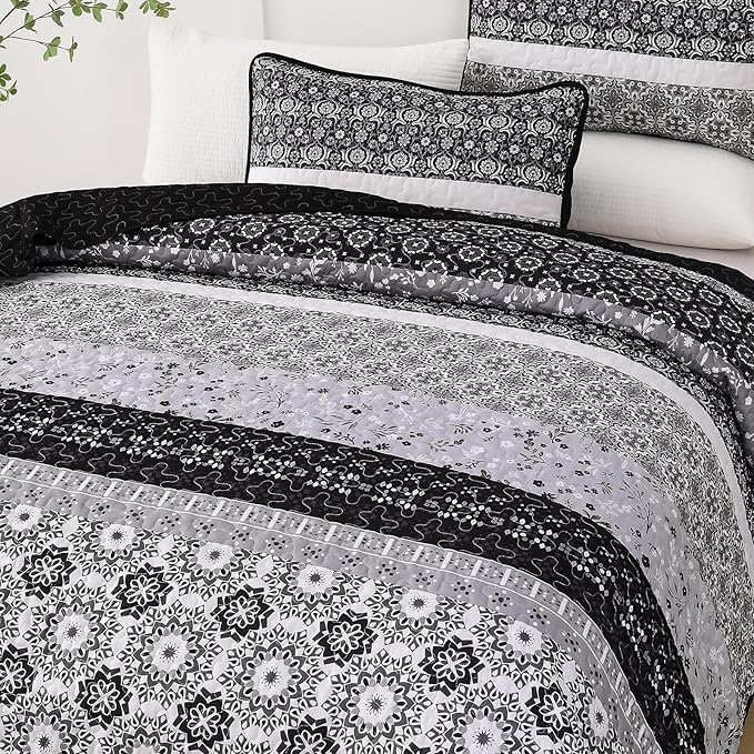 WONGS BEDDING Boho Quilt Set Full Size,Black Bohemian Striped Patchwork Bedspread Set,3 Pieces Microfiber Bedding Set for All Seasons (78"x90")