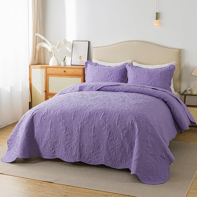HoneiLife Queen Quilt Bedding Set - 3 Piece Microfiber Quilt Sets Lightweight Bedspreads Reversible Coverlets Rustic Bed Cover Floral Bedding Set All Season Quilts-Purple