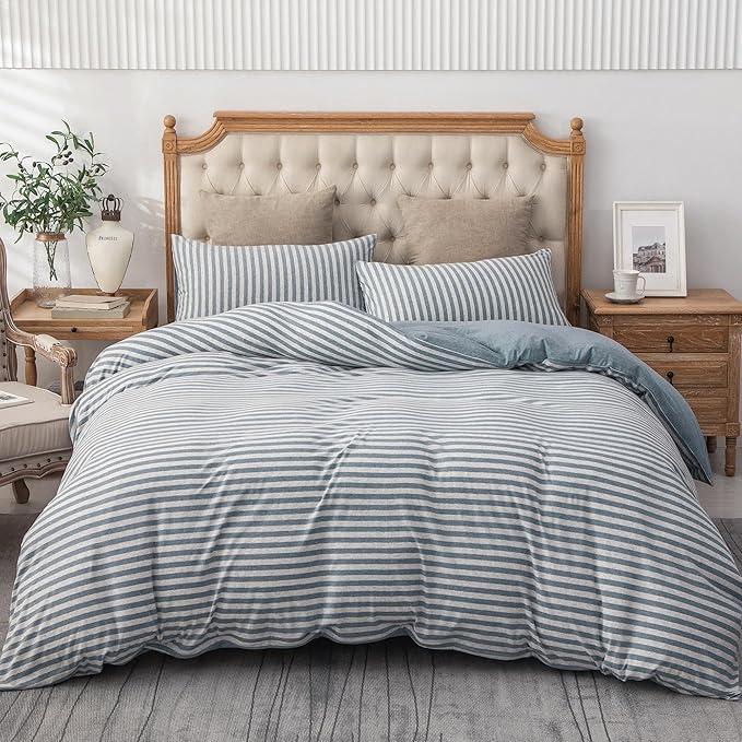 PURE ERA Jersey Knit Duvet Cover Set 100% T-Shirt Heather Cotton Super Soft Comfy Classic Striped Design, with Zipper Closure, Heather Blueish Grey Stripe, King