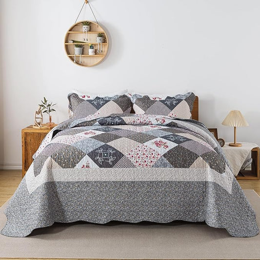 HoneiLife Oversized King Bedspreads 120x120-3 Pcs California King Quilt, Extra Large Quilt Sets All Season Use,Rustic Bedding Sets King Size,Reversible Coverlet Lightweight Bed Cover, Grey